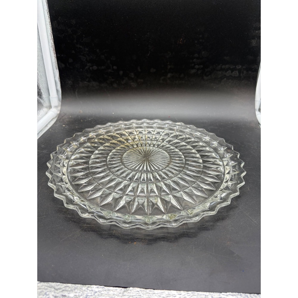 Vintage Clear Pressed Glass Cake Plate Scalloped Sunburst Diamond‎ Pattern 11in